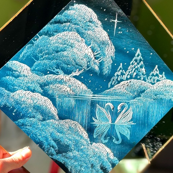 VTG Swan Lake Moonlight Cottagecore Rustic Hand Painted Glass Mirror Wall Art - Picture 2 of 10